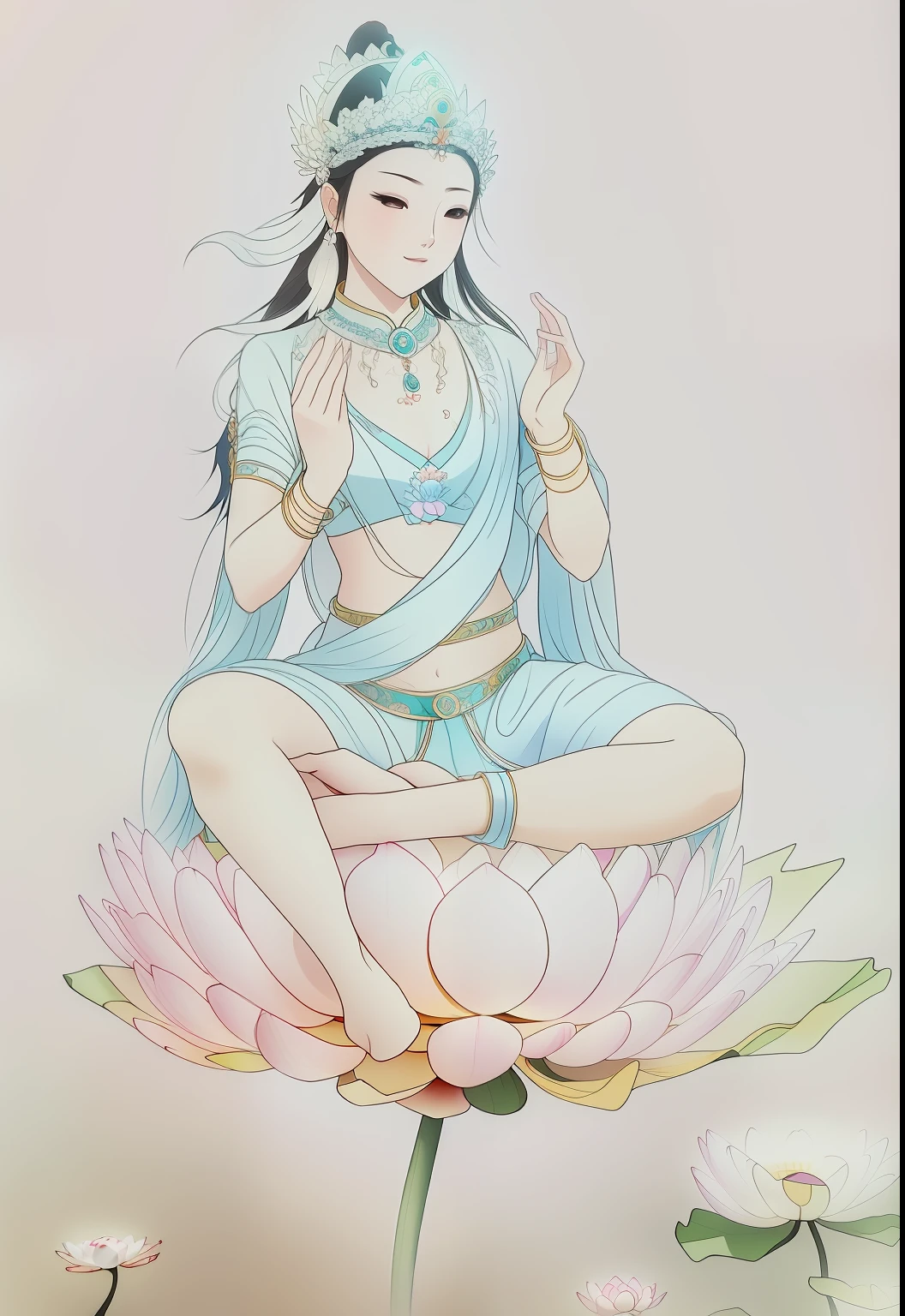 Beautiful fairy sitting on a lotus，perfect body figure，Fair skin is smooth and delicate，Bend your eyebrows，Big eyes are reflective，Hair crown，Hair drapes over the shoulders，hair flowing，choker necklace，Yingluo，bangle，Barefoot，Holding a lotus flower，Show your body，The character background has a circular aperture，Head background with circular light，with blue sky and white clouds，tmasterpiece，4K，超高分辨率，