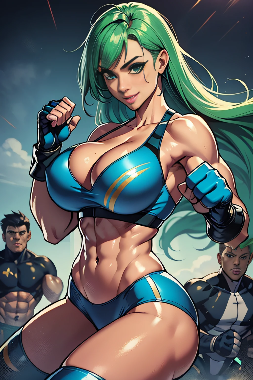 Fighting game characters、Five-fingered、Big breasts about to burst、cleavage of the breast、One Woman Alafe、Green hair、Slender and long legs,、Fitness Model、musculature、abdominals、Height 175cm、Sky blue shiny martial arts suit、skin tanned、glistning skin、Cool smile、full-body view、Pose ready to fight