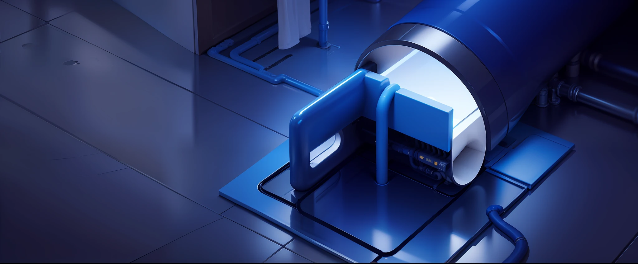 Home improvement pipeline installation scene rendering，Blue gradient background，Floor heating pipe installation site，Bathroom scene，German brand home decoration floor heating pipe。