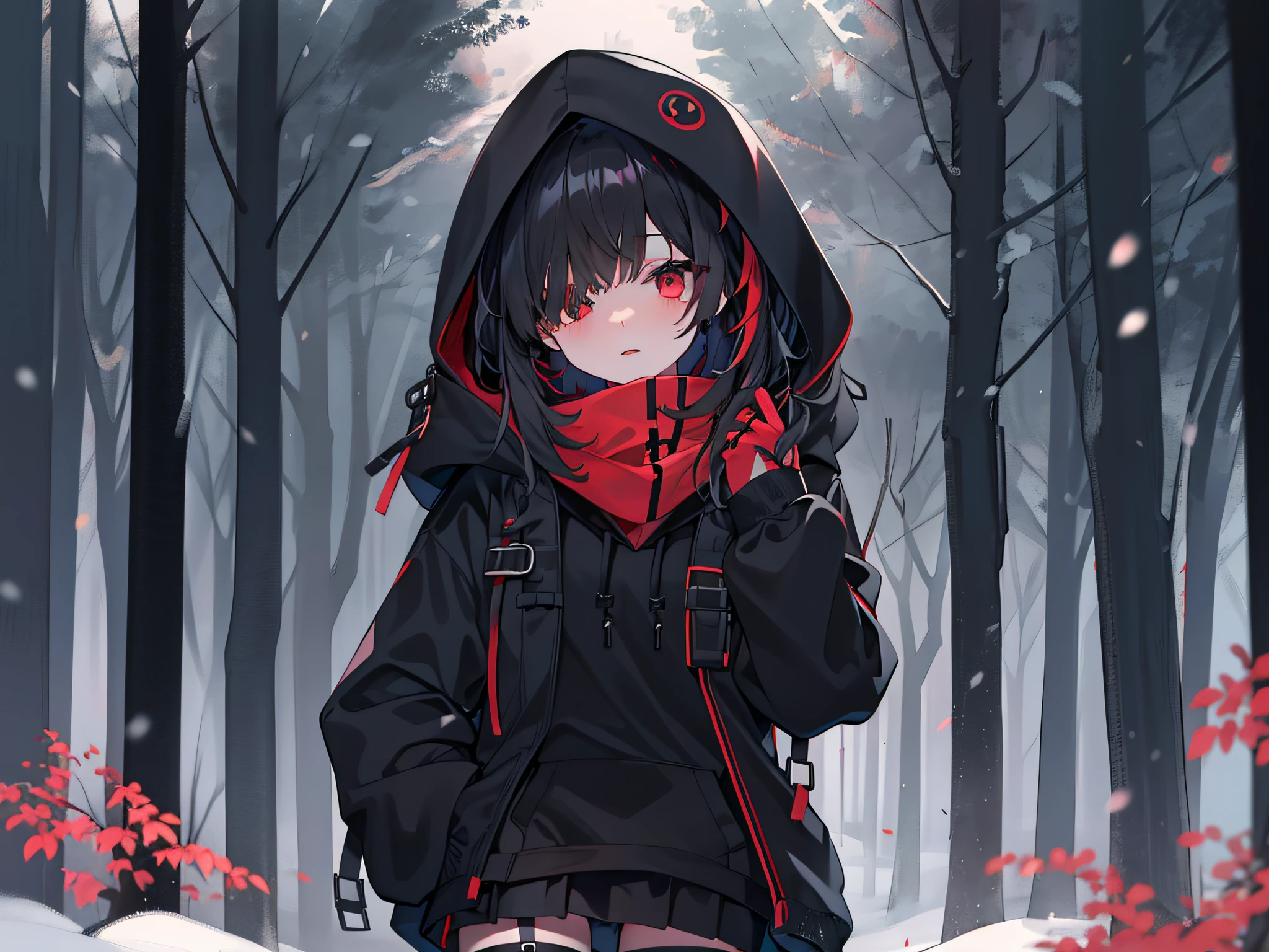 red color eyes, Black color hair, Black platform boots, short detailed hair, black thigh socks, hair on one eye, black   hoodie, Black thigh strap, black sash,nigth，black short skirt，ln the forest，at winter season