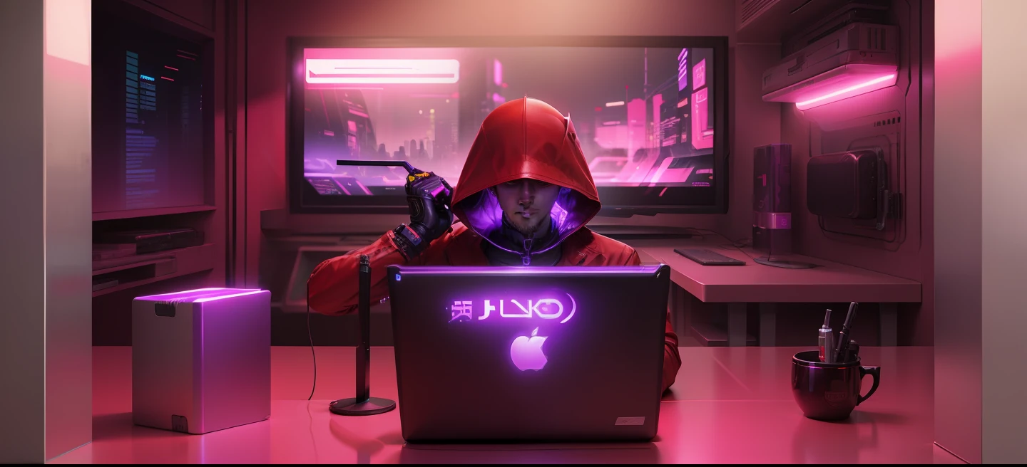 The man wearing red, futuristic background, cyberpunk theme, purple neo light