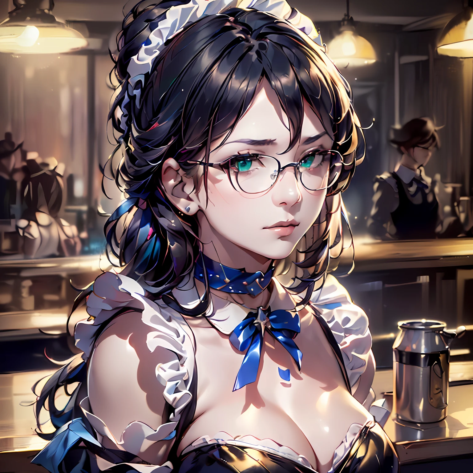 (64k, RAW photo, highres, best quality, masterpiece:2.0), (ultra-fine depiction of the detail:2.0), (realistic, beautiful, photo-realistic:1.3), 2girls, sisters in law, (yuri alpha), (long black hair, slightly messy), (slightly messy diagonal bangs:1.0), (single braid bun, double bun), (shiny black hair, blue-gray eyes), (cool glasses), (gothic style vivid blue choker), (blue bowtie and ribbon), (simple but high-quality maid dress), (elaborately designed, vivid dark emerald green, spiked gantlets), (solemn maid dress with gothic style coreset), (huge breasts, sexy cleavage), (elegant and handsome woman), (shiny skin, pink lips), (looking at the viewer), (closed mouth, a faint smile), (a caring, gentle gaze towards the viewer:1.2), (at a quiet bar counter, in the night, filled with solemn, mysterious atmosphere), (highly sophisticated professional HDR, with effective ambient occlusion, perfectly optimized effective spot light and front light:1.8), (perfect, natural, harmonious composition), (photo-realistic, ultra-detailed:1.5), ((portrait, cowboy shot:1.6))