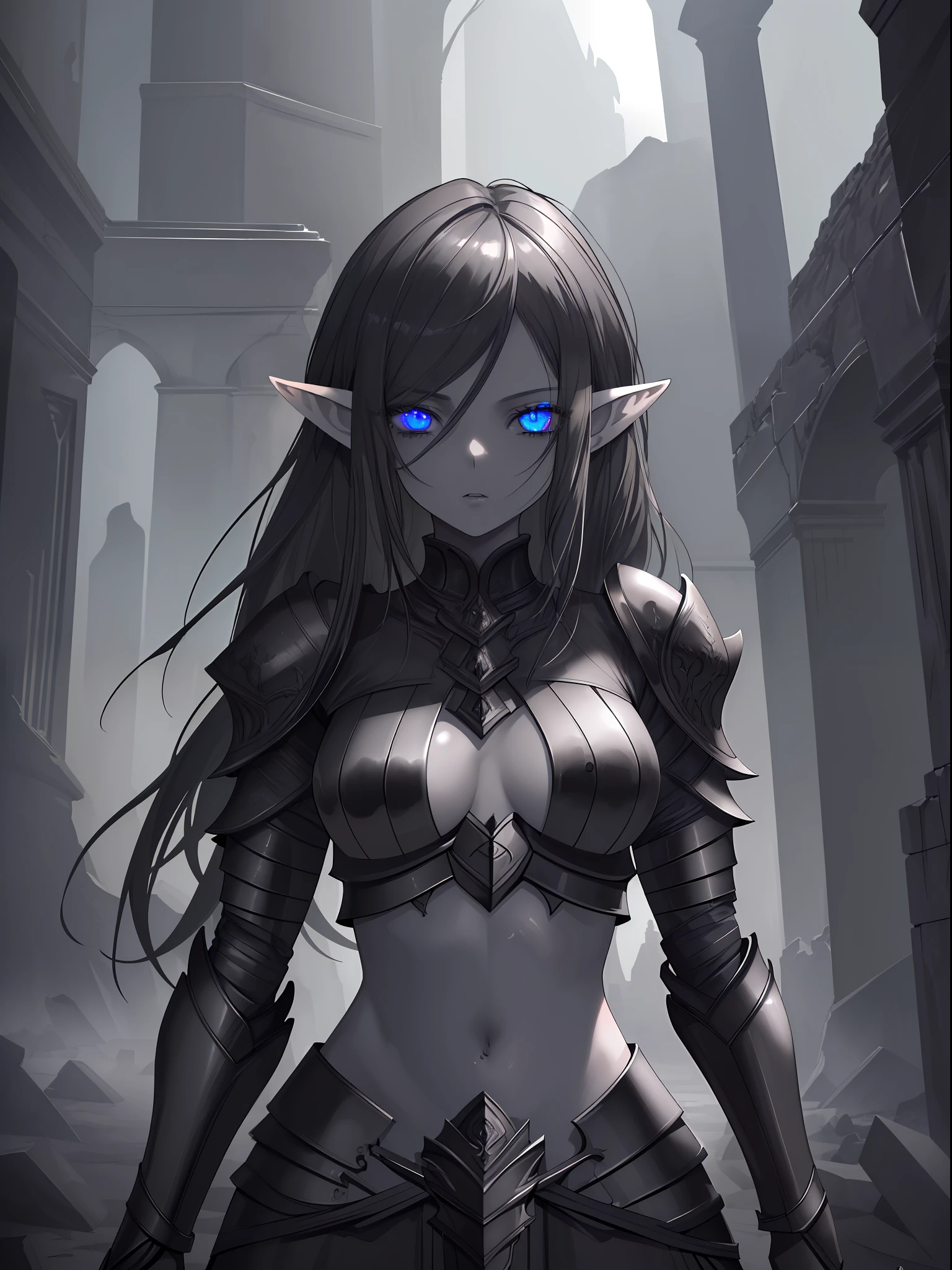 (Masterpiece, Best Quality, Ultra High Resolution, gorgeous, visually stunning),1girl,elf ears,armor crop top,shiny black small armor,dark grey hair,in an ancient ruin made with black stone blocks, beautiful and detailed face, detailed eyes,dynamic lighting,creepy atmosphere