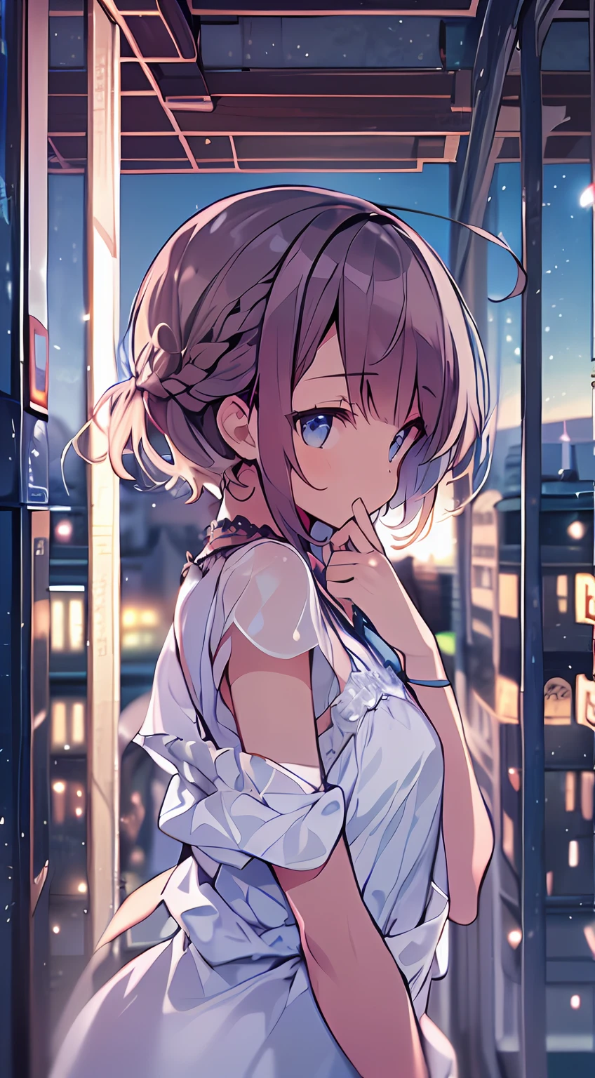 masutepiece, Best Quality,Illustration, Wallpaper, Ultra Detail, absurderes, 1loli, Solo, (Medium short hair、short braided hair), Beautiful detailed eyes , (Street), luminous sky,(a panoramic view:1.3),(Sense of depth:1.5)