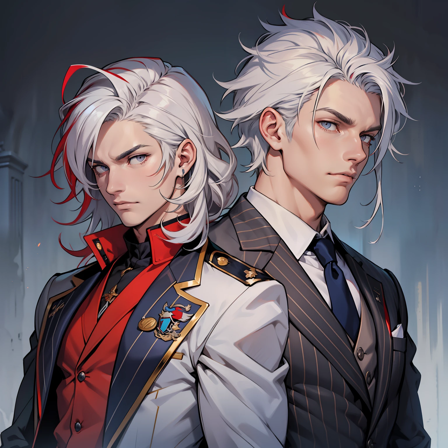 Jesse is tall He has white hair with red tips, and sharp grey eyes, they're so beautiful to look at. His hair is a bit wavy and he has a beautifully toned body. Muscular male. Jesse is seen wearing a navy blue suit. Red hair stripes