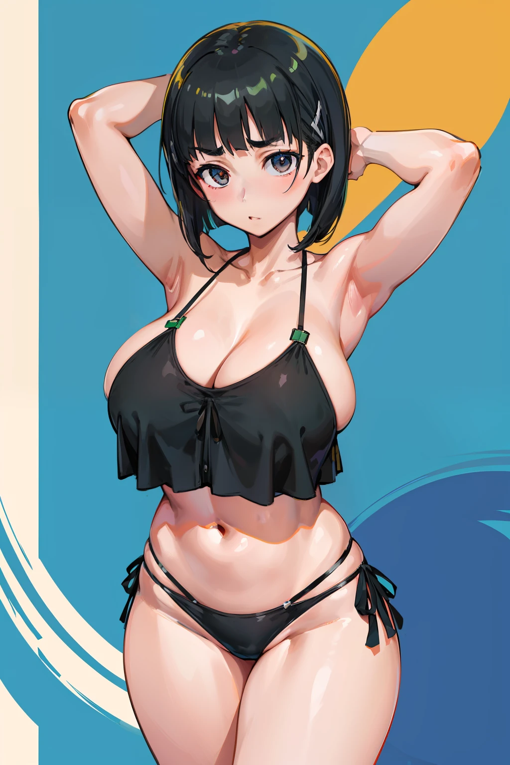 suguha, Kirigaya Suguha,short hair with a young look,, Black hair, dark grey eyes, Huge breasts, Bangs, eyebrows visible through hair, hair clips　streaked々maikurobikini　opening legs　raise one leg high