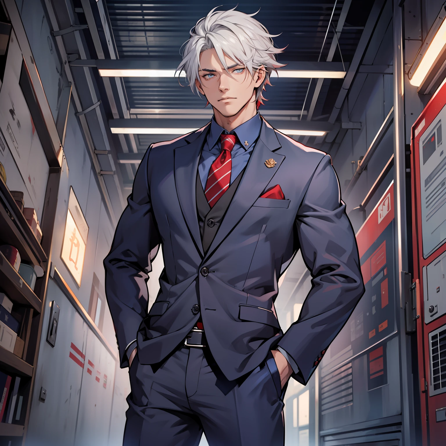 Jesse is tall He has white hair with red tips, and sharp grey eyes, they're so beautiful to look at. His hair is a bit wavy and he has a beautifully toned body. Muscular male. Jesse is seen wearing a navy blue suit. Red hair stripes