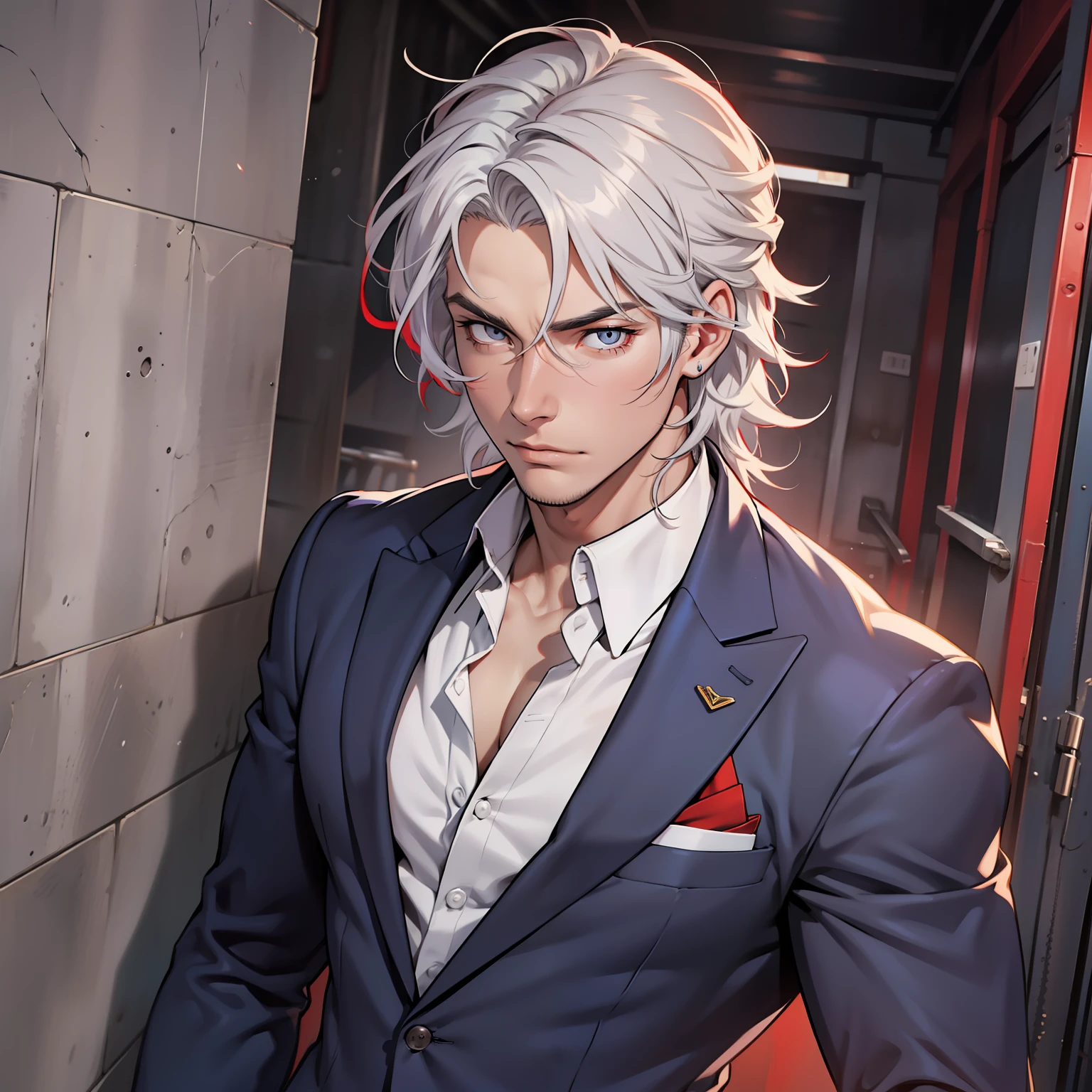 Jesse is tall He has white hair with red tips, and sharp grey eyes, they're so beautiful to look at. His hair is a bit wavy and he has a beautifully toned body. Muscular male. Jesse is seen wearing a navy blue suit. Red hair stripes