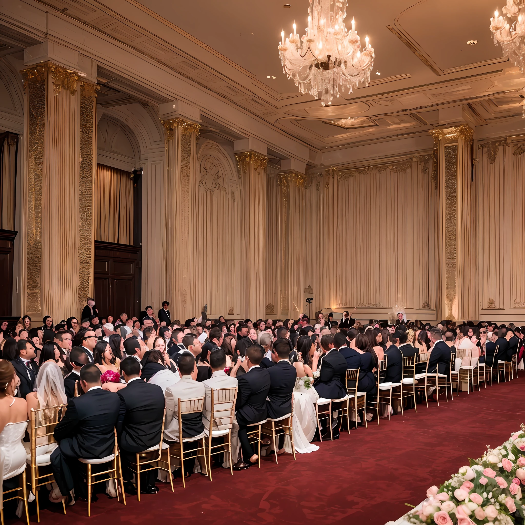 On the upscale luxury hotel wedding stage,A dozen friends and spectators next to the audience stood up and applauded,Couple in uniform,marriage,tongue kissing,Kiss,Hug together