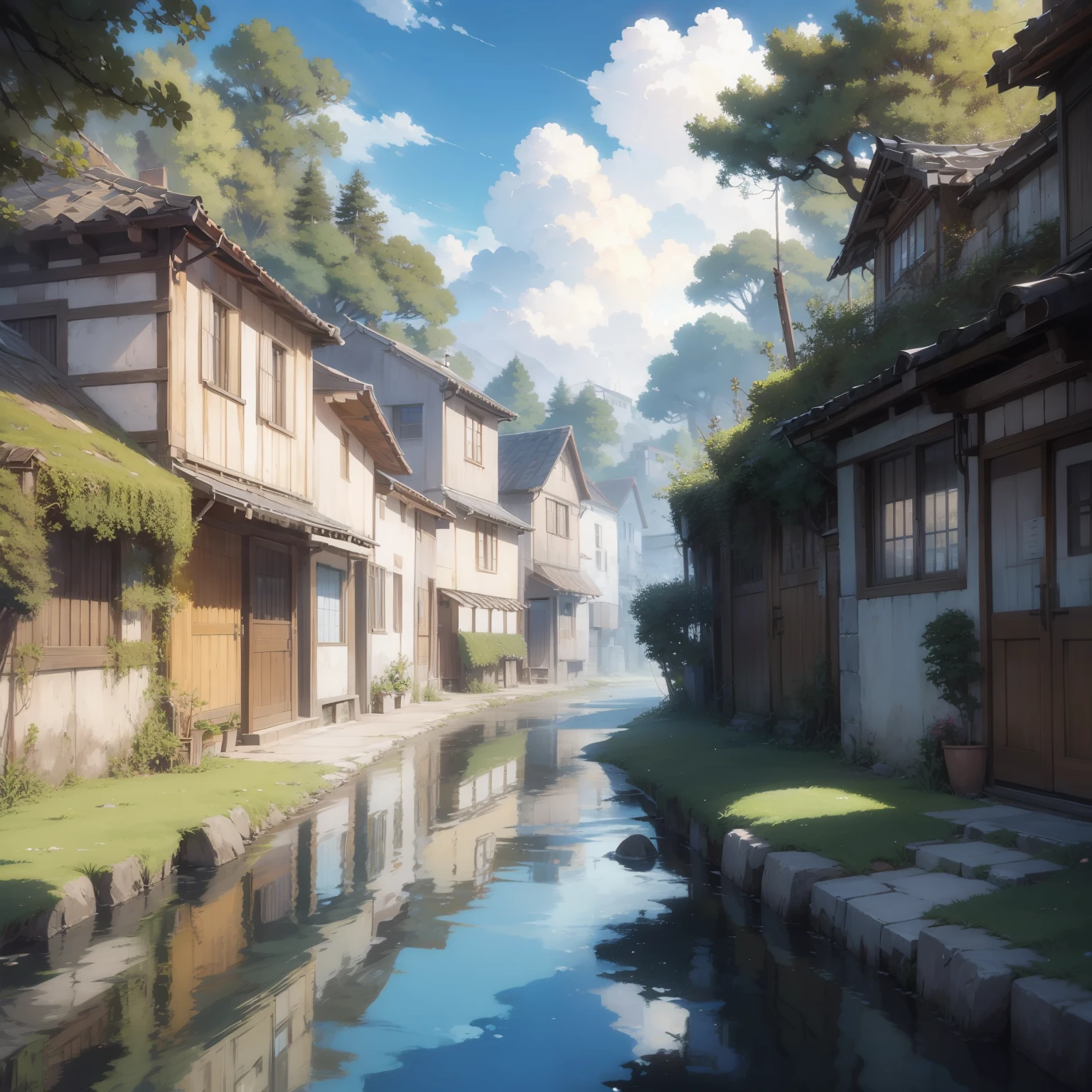 Passage to a Village by the sea , cozy scene, anime, clouds, photo realistic, hd, anime, ghibli studio, pastel, highly detailed, fine details