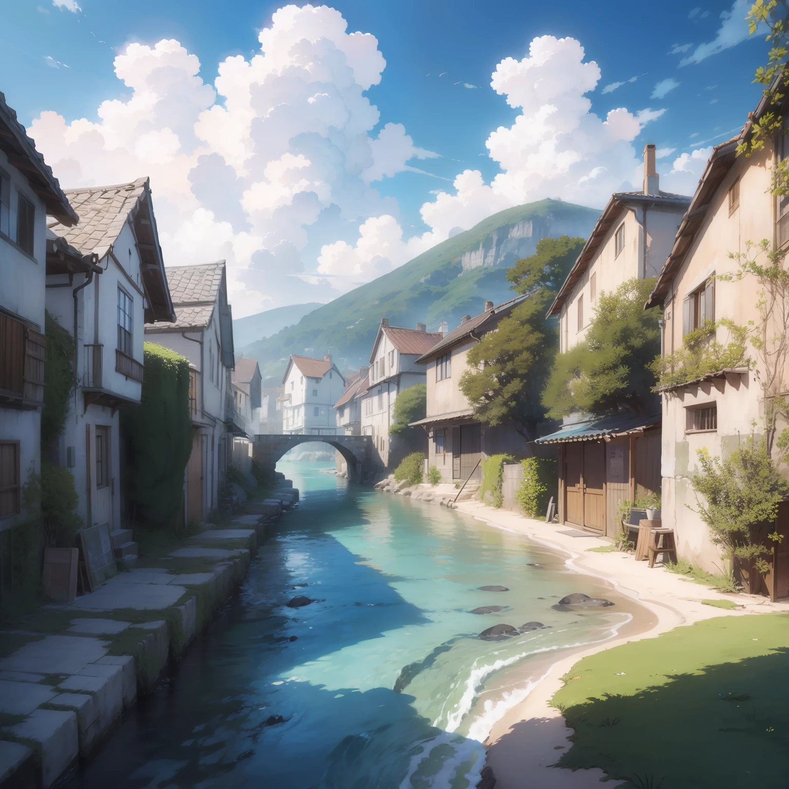 Passage to a Village by the sea , cozy scene, anime, clouds, photo realistic, hd, anime, ghibli studio, pastel, highly detailed, fine details