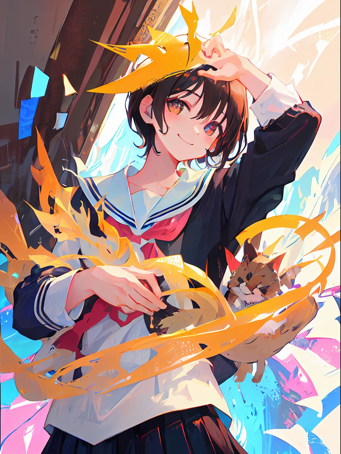 Kizi、orthofacial、with brown eye、Lovely eyes、JK school uniform、ssmile、Short black hair、without background