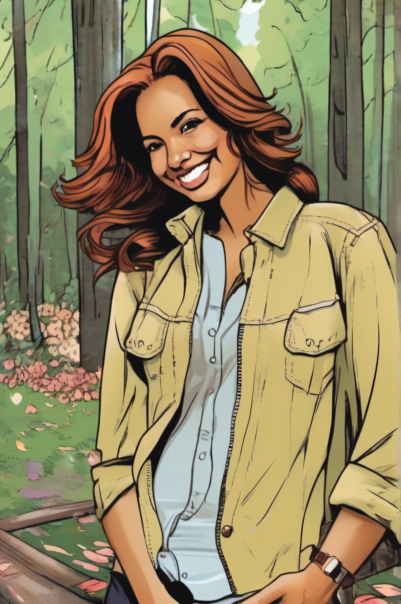 a woman smiling for the camera, 30 anos, com roupas de academia, fundo de um bosque.