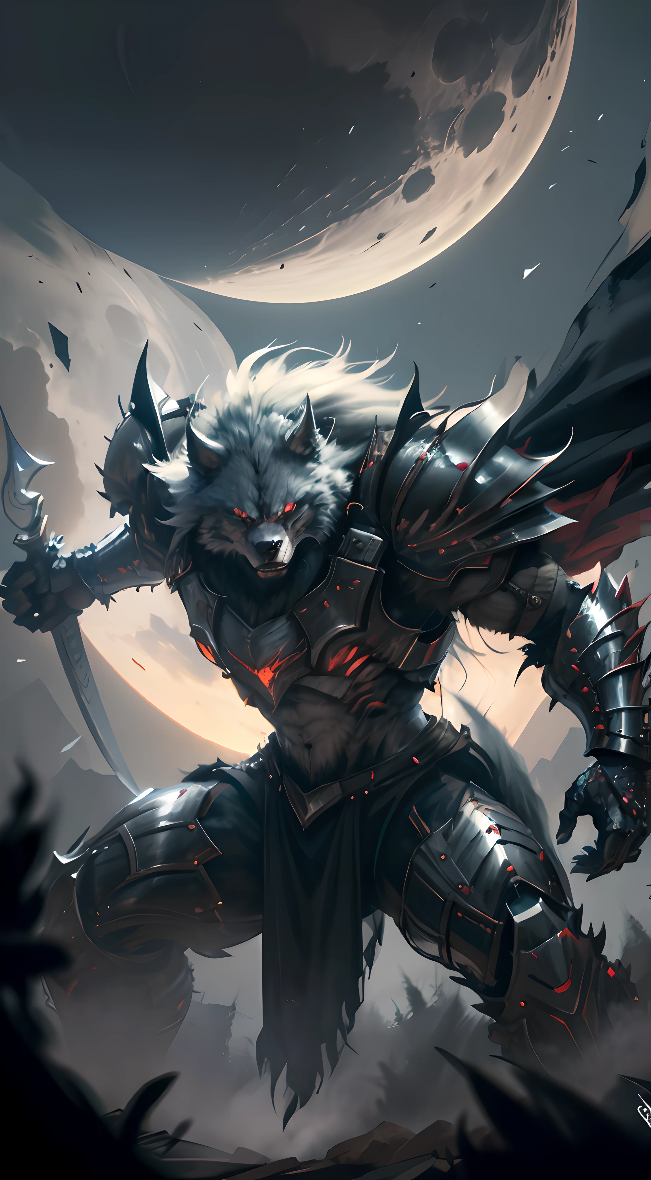 A close-up of a man in armor holding a dagger, wolf armor, 4K fantasy art, wojtek fus, D&d trending on artstation, berserker potrait, fenrir, Detailed digital 2D fantasy art, muscular werewolf, Badass anime 8 K, Epic fantasy digital art style, Epic fantasy art style, warwick saint, 8K fantasy art