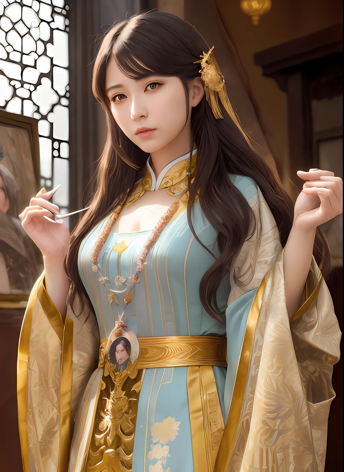 High quality, Masterpiece, Masterpiece, Exquisite facial features, Exquisite Hair, Elaborate Eyes, Delicate colored hair, 4K quality, Gorgeous light and shadow, Tyndall effect, Halo, Messy hair, Young state, Gorgeous scenes, Beautifully dressed, Chains, feater,Ancient Chinese beauties have big eyes and rich details, Digital painting, art stations, concept-art, Sharp focus, illustration, greg rutkovsky(Greg Rutkowski)、An Alphonse Mucha's(Alphonse Mucha)and Victor Ngay(Victo Nkai)of works of art