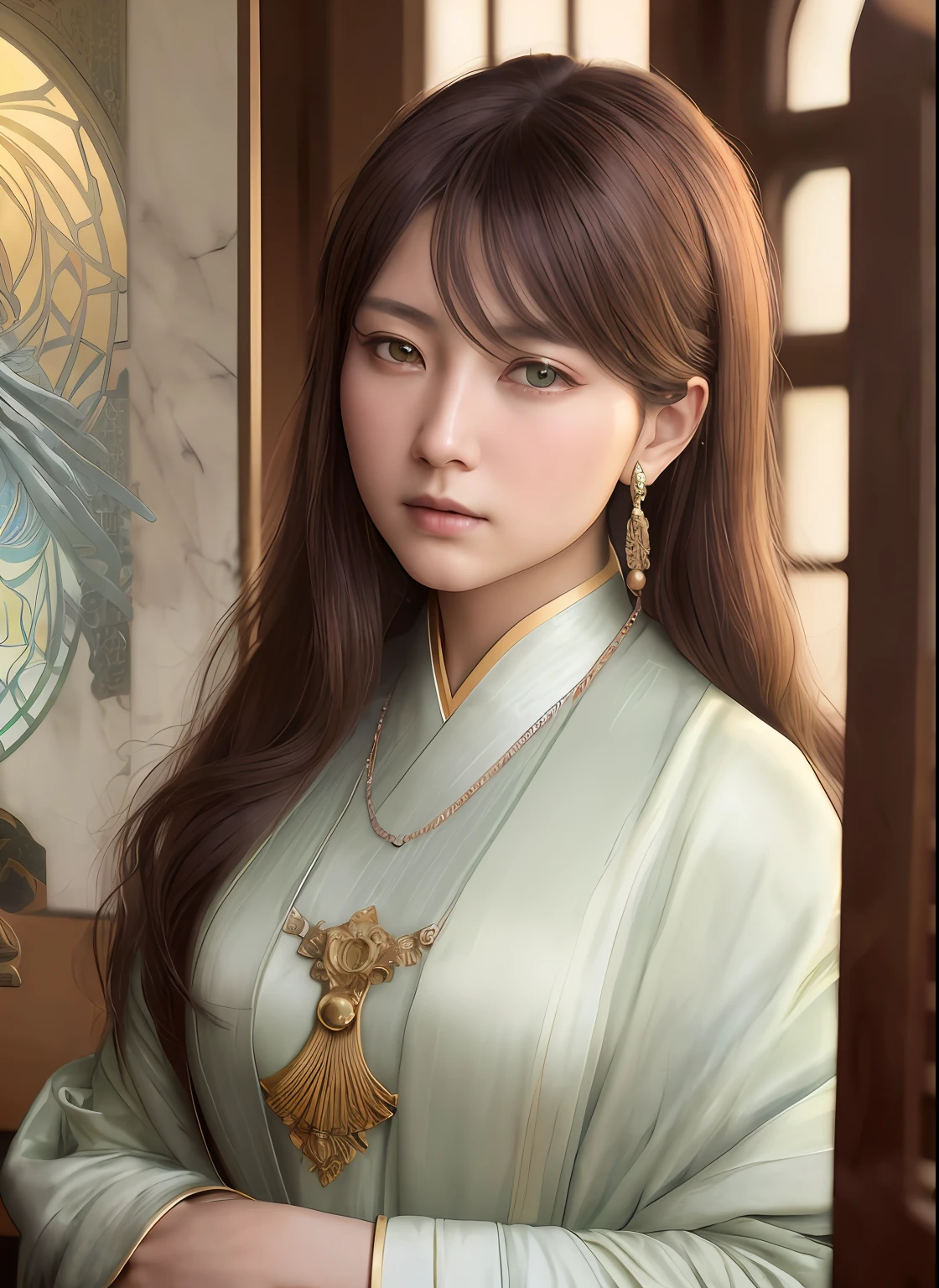 High quality, Masterpiece, Masterpiece, Exquisite facial features, Exquisite Hair, Elaborate Eyes, Delicate colored hair, 4K quality, Gorgeous light and shadow, Tyndall effect, Halo, Messy hair, Young state, Gorgeous scenes, Beautifully dressed, Chains, feater,Ancient Chinese beauties have big eyes and rich details, Digital painting, art stations, concept-art, Sharp focus, illustration, greg rutkovsky(Greg Rutkowski)、An Alphonse Mucha's(Alphonse Mucha)and Victor Ngay(Victo Nkai)of works of art