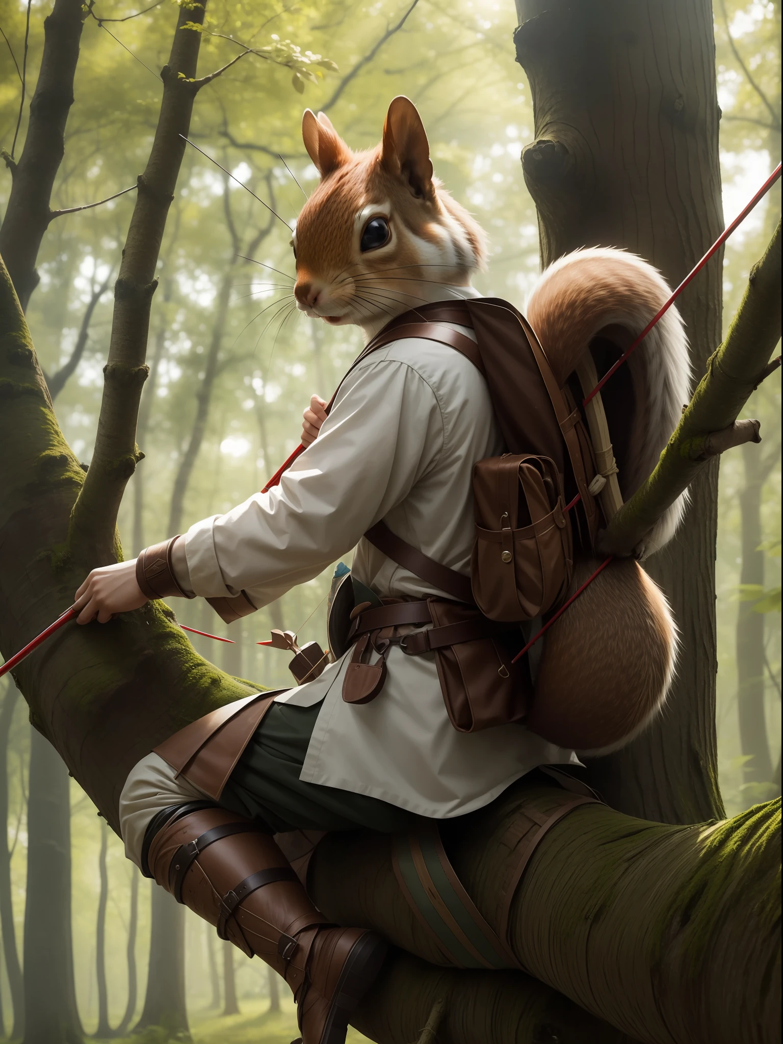 Squirrel warrior dressed in cloth、Carrying a bow and arrow on your back、on a tree。the woods、frombelow、Sit on a branch、4k、Top image quality、top-quality、Sunlight、masterpiece