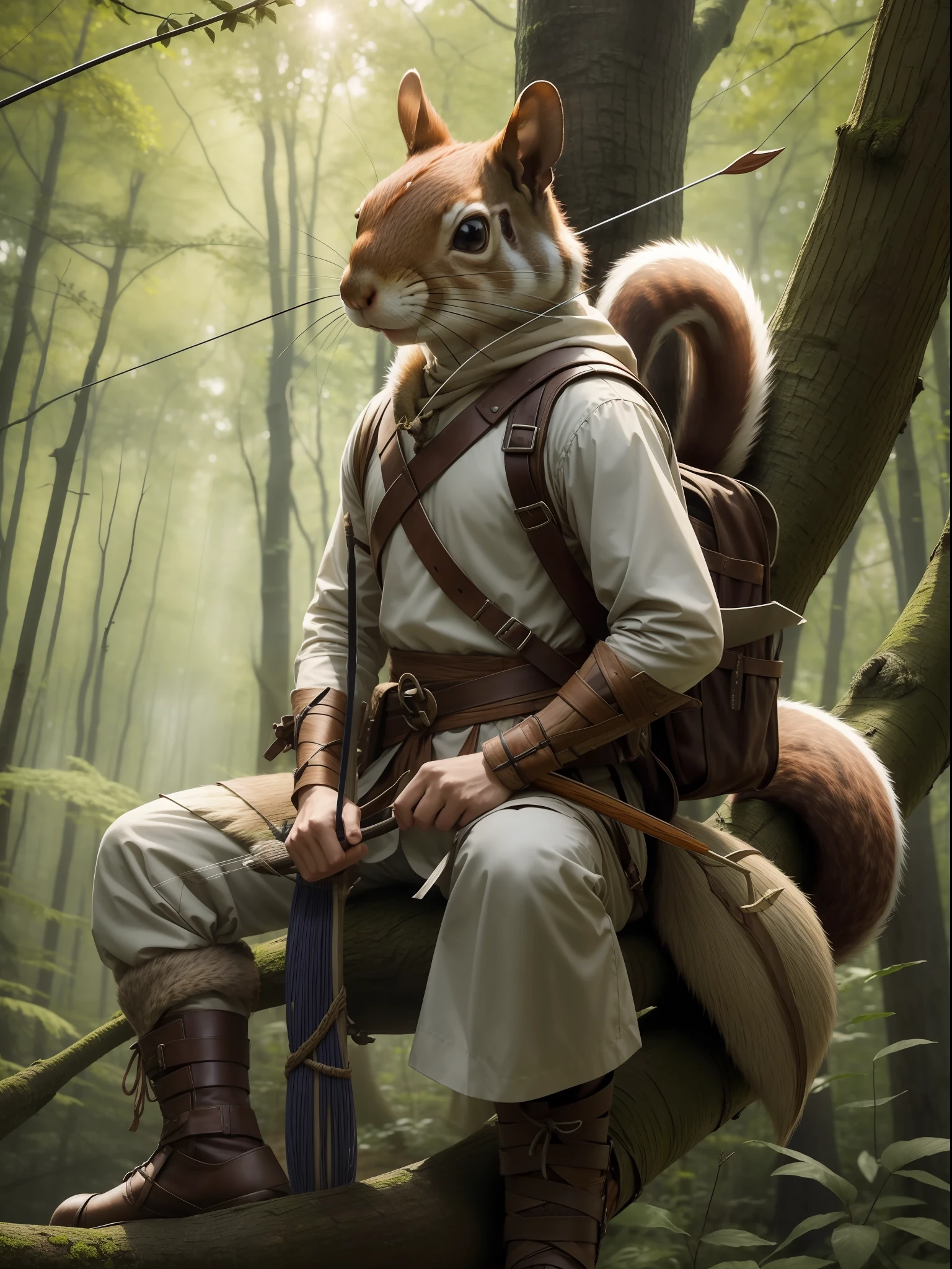 Squirrel warrior dressed in cloth、Carrying a bow and arrow on your back、on a tree。the woods、frombelow、Sit on a branch、4k、Top image quality、top-quality、Sunlight、masterpiece