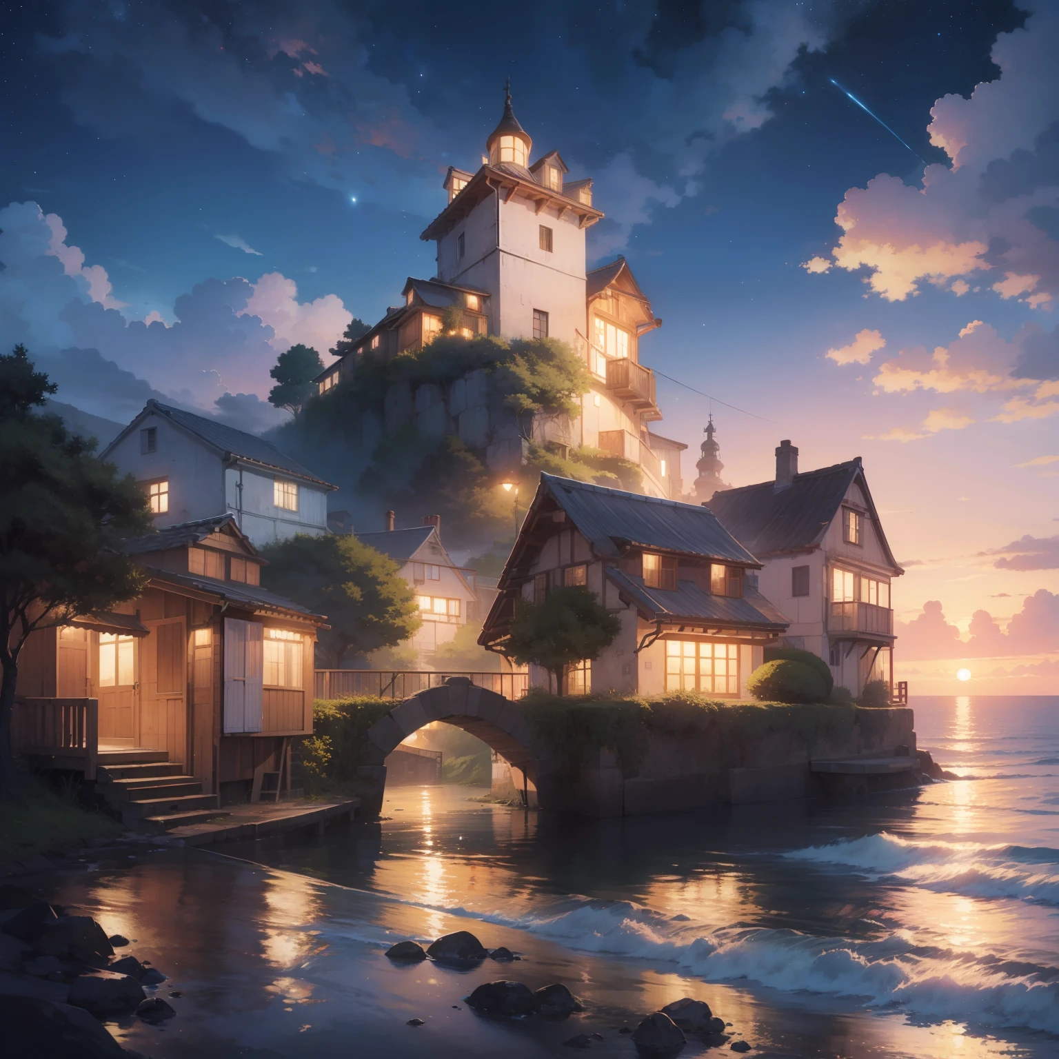 Passage to a Village by the sea , cozy scene, anime, clouds, sunset, starry sky, full of colors, photo realistic, hd, anime, ghibli studio, pastel, highly detailed, fine details