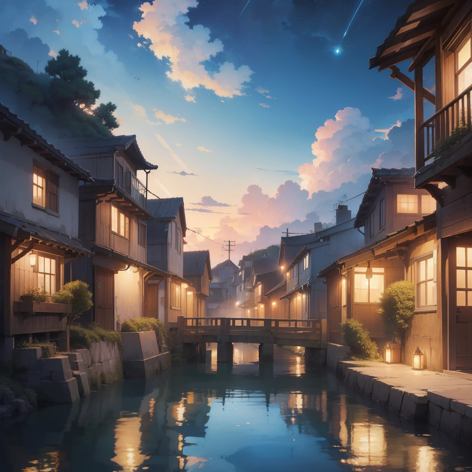 Passage to a Village by the sea , cozy scene, anime, clouds, sunset, starry sky, full of colors, photo realistic, hd, anime, ghibli studio, pastel, highly detailed, fine details