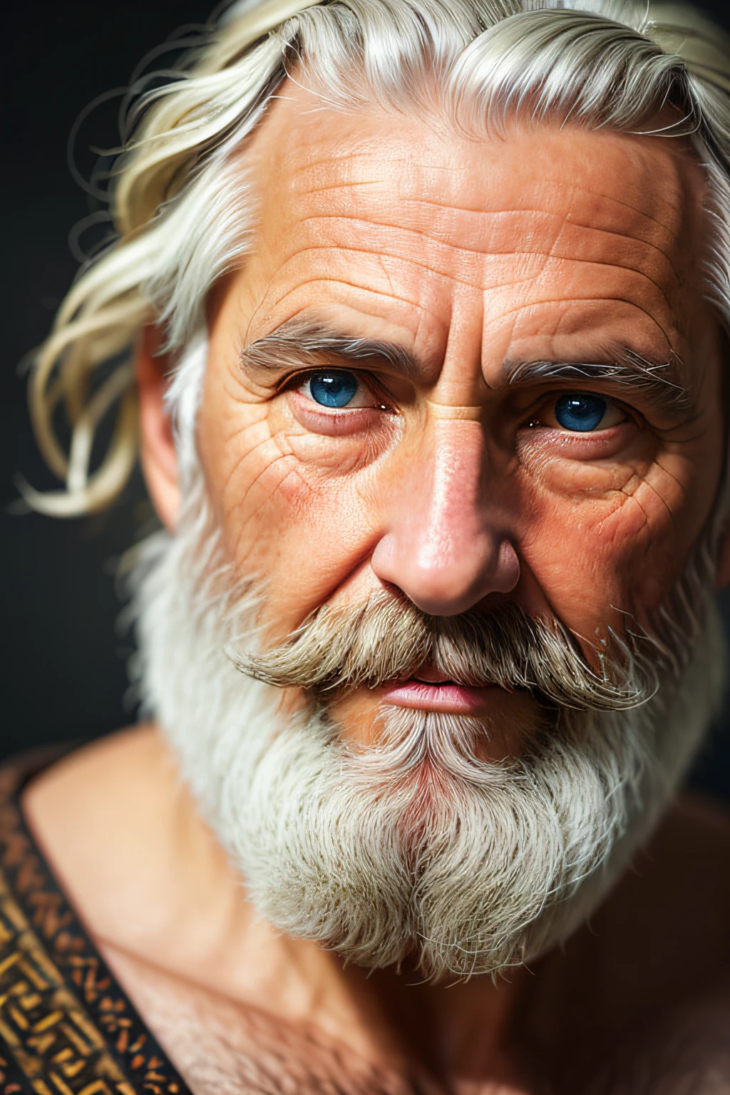 dark theme, ultra resolution, hyper realistic, hdr, absyrdres, cinematic shot, vignette, centered, short DOF,
a closeup portrait of an old man, Ancient Greek, Philosopher, Stoic, looking at camera,
blue old eyes,
short white hair, one braided hair curl, white VIKING BEARD,
missing teeth,
narrow face
dark skin, wide shoulders, weathered by sun and sat water,
royal doublet with gold patterns,
Ancient Greece
camera focus on an eye, high focal length, dslr, 200mm lens,
photo by Cristina Otero, dark studio, rim lighting, two tone lighting, dimly lit, low key, backlight,