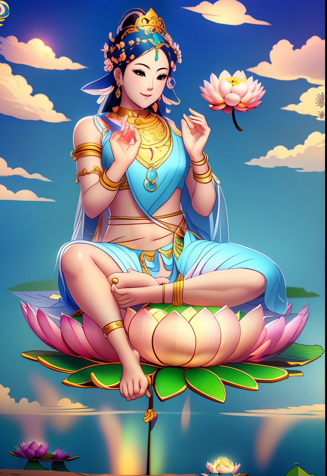 Beautiful fairy sitting on a lotus，perfect body figure，Fair skin is smooth and delicate，Bend your eyebrows，Big eyes are reflective，Hair crown，Hair drapes over the shoulders，hair flowing，choker necklace，Yingluo，bangle，Barefoot，Holding a lotus flower，Show your body，nice hand，Good feet，Perfect body structure，perfect hand，perfect foot，The character background has a circular aperture，Head background with round light，with blue sky and white clouds，tmasterpiece，4K，超高分辨率，