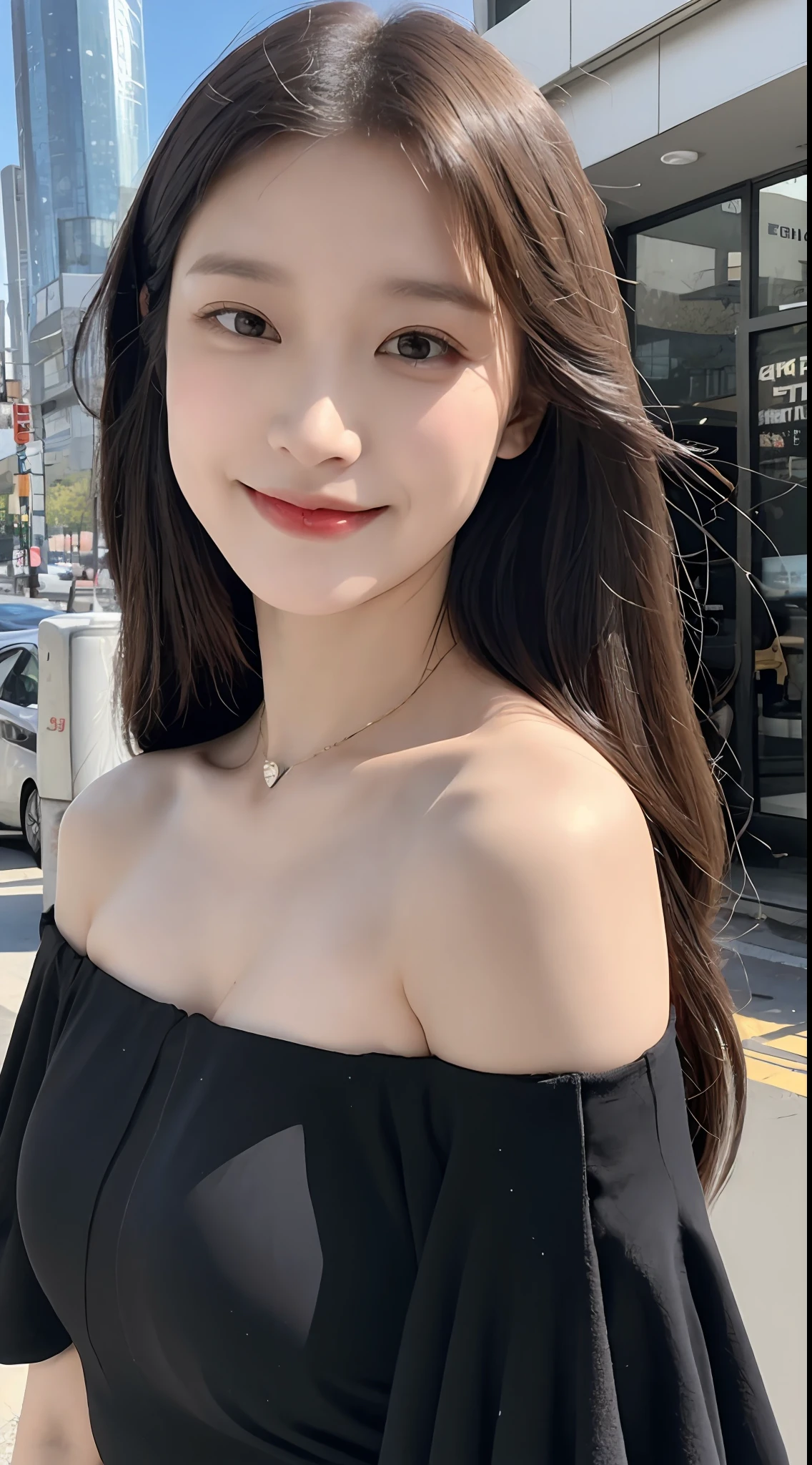 (1 Korean girl), ((best quality, 8k, masterpiece: 1.3)), ultra-clear details, perfect body beauty: 1.4, (smile), (Street: 1.3), highly detailed face and skin texture, fine eyes, double eyelids, whitened skin, (black straight face: 1.3), (round face: 1.5), (off-the-shoulder dress: 1.4),