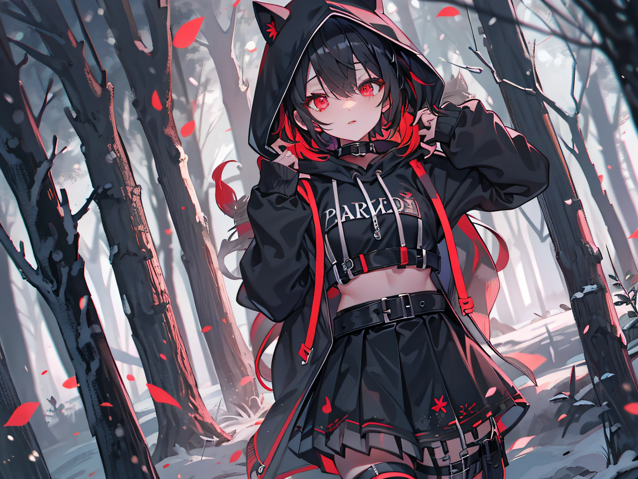 red color eyes, Black color hair, Black platform boots, short detailed hair, black thigh socks, hair on one eye, black hoodie, Black thigh strap, black sash,nigth,black short skirt,ln the forest,at winter season