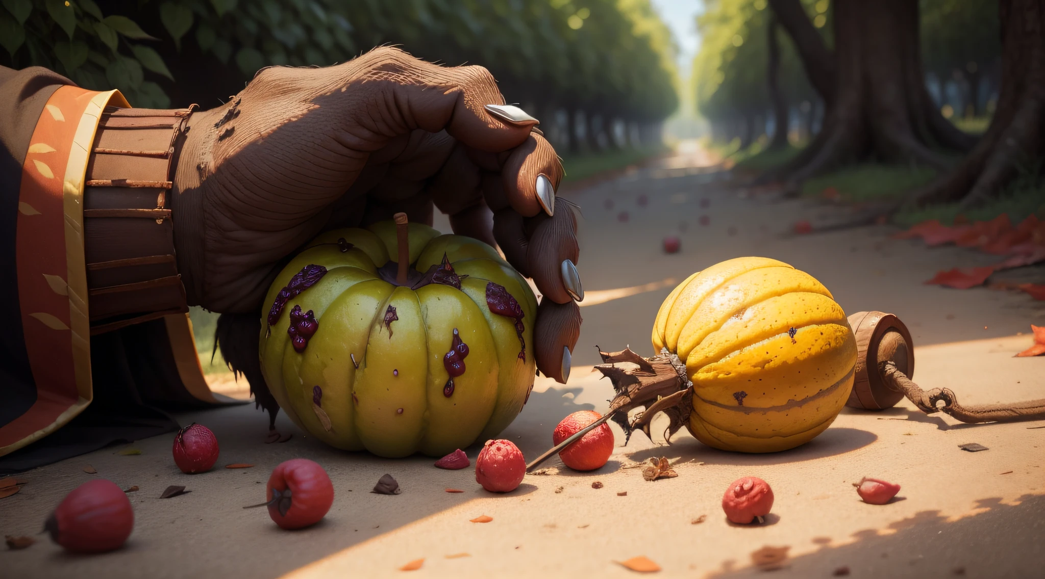 rotten fruits fallen to the ground monstrous hand