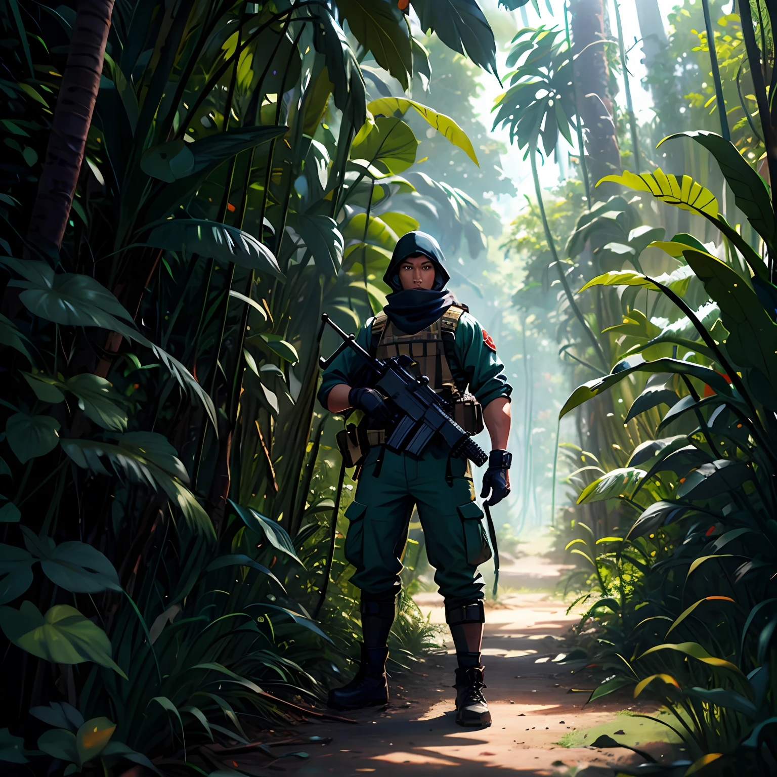 A heavily armed fighter stands in the jungle，Others are being yelled at loudly