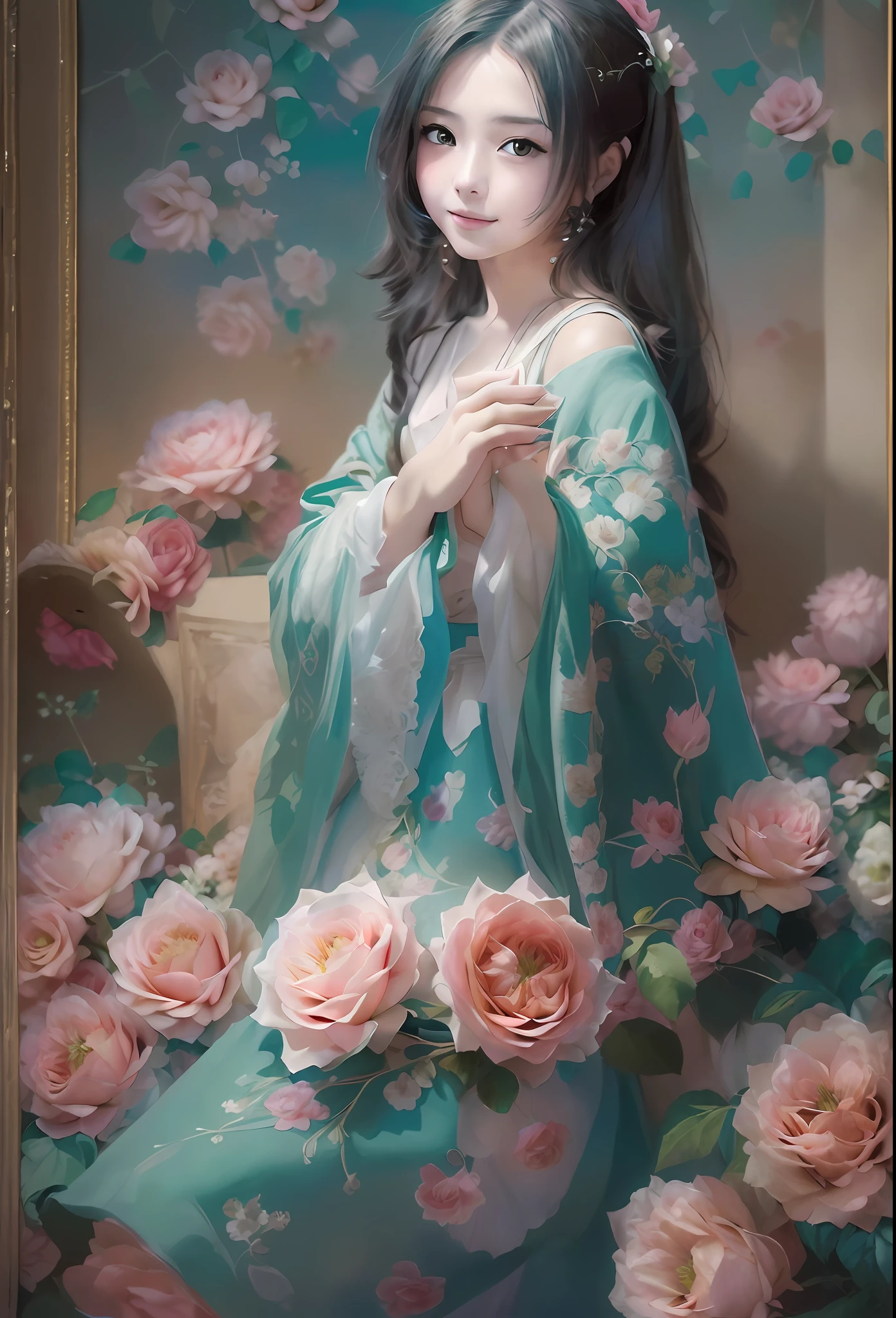 low angles、(catss、😇、A smile、😌🥰Archaic Smile).hyper realstic、Ultra-realistic、Depiction of the human body without distortion、Monna Lisa、Woman in Arms、Near and far law、Three-dimensional、Contemporary painting、moderno、world masterpiece、collection、Homage to the art or artist work of Picasso and Renoir, Not sentimental、Excellent portrayal、Gentle expression、More detailed character faces, Serious competition、Compositions like paintings、(Konmutsuki_Gacha_Series 1, punk_rosette), Realistic、Delicate brushwork、aqua color flowers, (Full body, elegant flowers background)