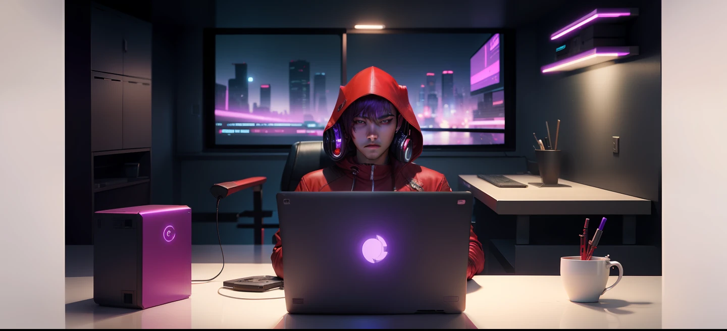 The man wearing red, futuristic background, cyberpunk theme, purple neo light