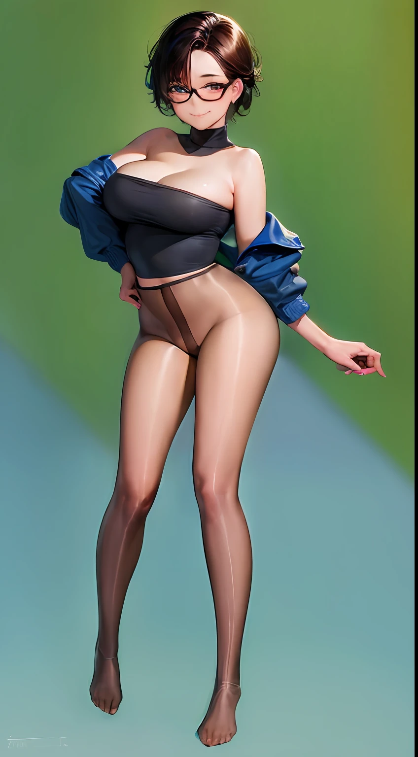 absurdres, 1girl, glasses, lingerie, seductive smile, leroute, hunter x hunter, pantyhose, no shoes, black turtleneck, short mini skirt, big breasts, no shoes, full body view, feet in view