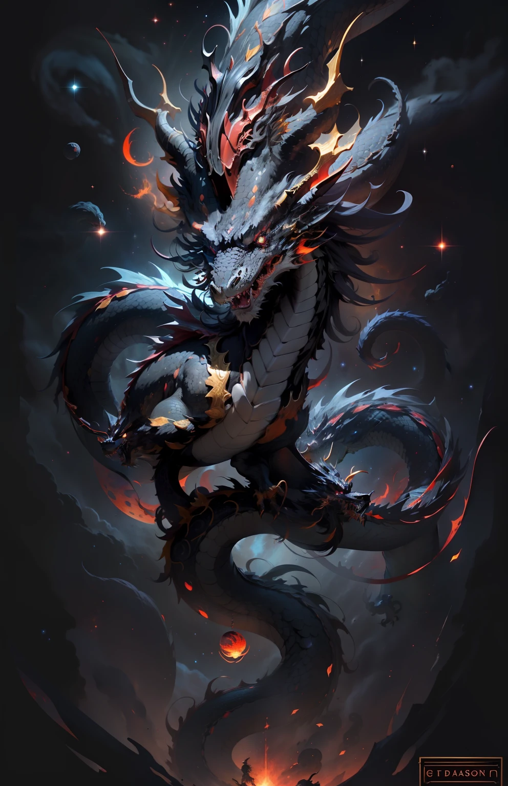"a majestic cosmic golden eastern dragon with crimson red eyes, gracefully floating through the endless expanse of black space filled with stars, radiating a magnificent but OMINOUS aura". also eastern dragons have 4 dangerously sharp claws two in the front and two at the back