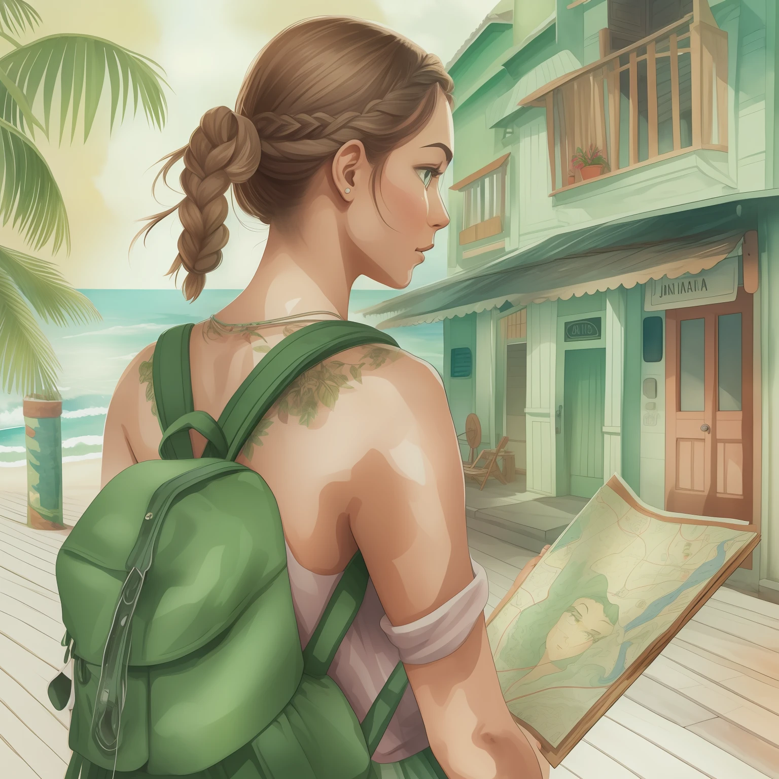 A watercolor painting of a woman with braided hair, a backpack, a green dress and a map walks along a boardwalk;, Deusa da viagem, viajante, imagem de arte digital, stylized digital illustration, viajante, Artistic illustration, em uma praia tropical, detailed digital illustration, menina na praia, vacation, in illustration style digital, Viagem e Aventura, Grande arte digital com detalhes, arte digital detalhada