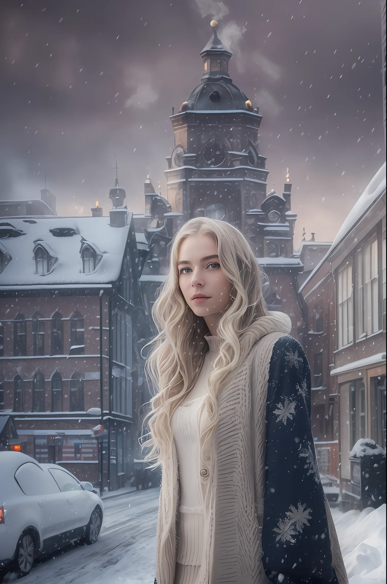 Long wavy blonde hair、sultry frivolous appearance、(hitornfreckles)、gorgeous symmetrical face、cute natural makeup、professional portrait photograph of a gorgeous Norwegian girl((Standing outside a snowy city street)),full bodyesbian 、Stunning modern urban environment、surrealistic、Concept art、elegent、ighly detailed、Convoluted、Sharp focus、depth of fields、f/1。 8、85mm、(((Professional color grading)))、bright soft diffuse light、(Volume Fog)、Trending on Instagram、HDR 4K、8K