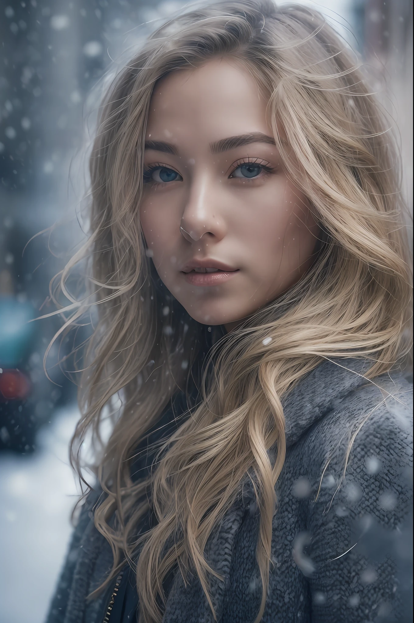 Long wavy blonde hair、sultry frivolous appearance、(hitornfreckles)、gorgeous symmetrical face、cute natural makeup、professional portrait photograph of a gorgeous Norwegian girl((Standing outside a snowy city street)),full bodyesbian 、Stunning modern urban environment、surrealistic、Concept art、elegent、ighly detailed、Convoluted、Sharp focus、depth of fields、f/1。 8、85mm、(((Professional color grading)))、bright soft diffuse light、(Volume Fog)、Trending on Instagram、HDR 4K、8K