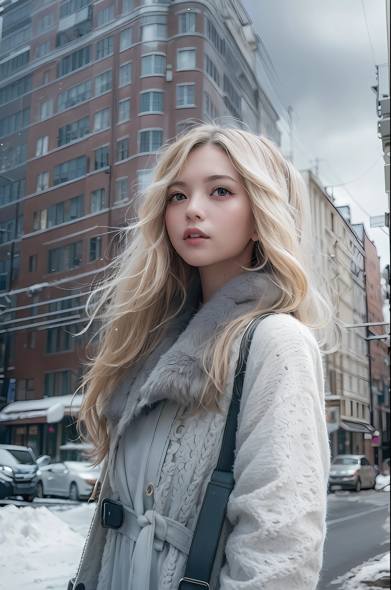 Long wavy blonde hair、（hitornfreckles）、gorgeous symmetrical face、cute natural makeup、professional portrait photograph of a gorgeous Norwegian girl（（Standing outside a snowy city street））,full bodyesbian 、Stunning modern urban environment、surrealistic、Concept art、elegent、ighly detailed、Convoluted、Sharp focus、depth of fields、f/1。 8、85mm、(((Professional color grading)))、bright soft diffuse light、(Volume Fog)、Trending on Instagram、HDR 4K、8K