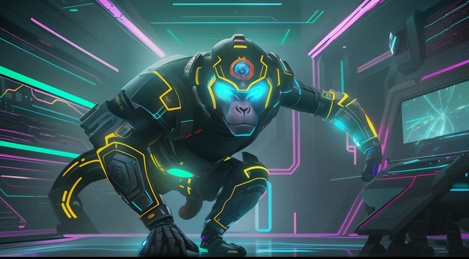 A futuristic monkey warrior clad in sleek cyber armor, sporting a fierce bionic eye that glows with energy, surrounded by holographic displays showcasing tactical data