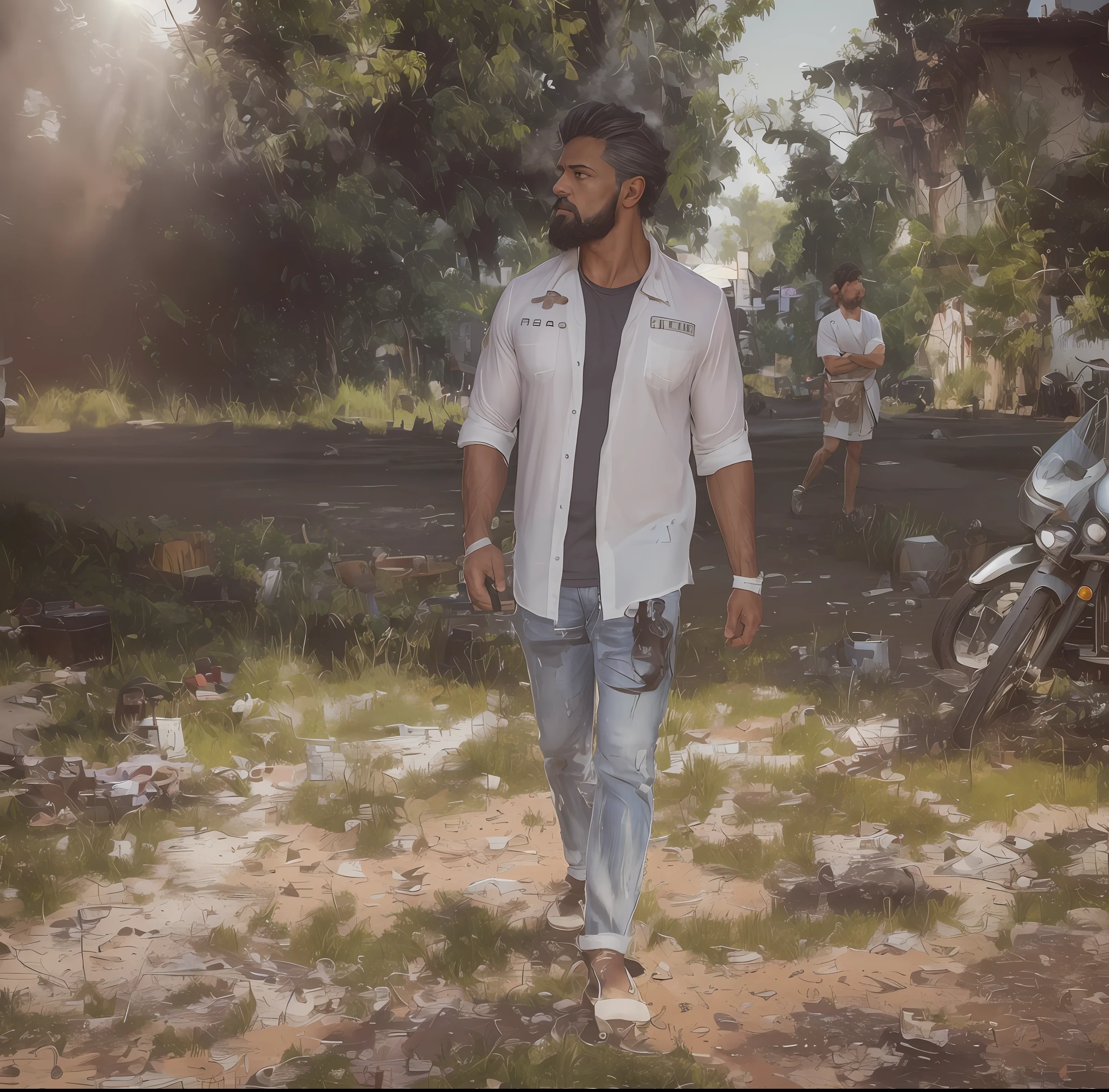 (Highest quality, amazing details: 1.4), masterpiece, original characters, natural volumetric lighting and better shadows, deep depth of field, sharp focus, portrait of the man 45 years incredibly beautiful muscles, full body, beautiful face manly, beard, attractive with clear eyes, seductive smile, shaggy short gray hair, smoking, white tight shirt, jeans, (messy painted body: 1.05), (street background with shops: 1.15), shopping street, (standing with arms crossed: 1.2), picturesque, overexposure, photorealism, photorealistic, nsfw, sexy, , sharp, focused, centered, sensual, HD, 8k, DSLR, RAW