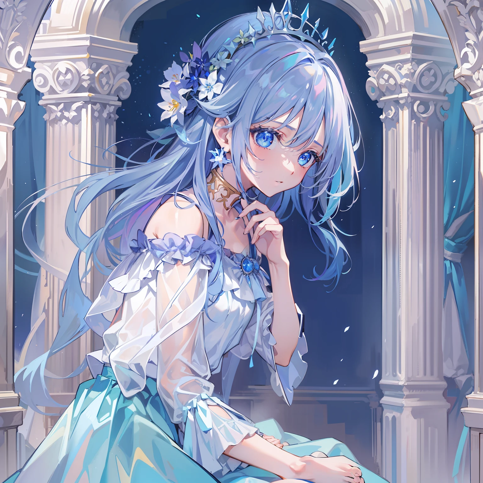 tmasterpiece，Best quality at best，one-girl，Solo，Ice，Blue skirt，A princess，nobles，apathy，There was a faint sadness in his eyes，opulent，Barefoot，Blue-white gradient hair