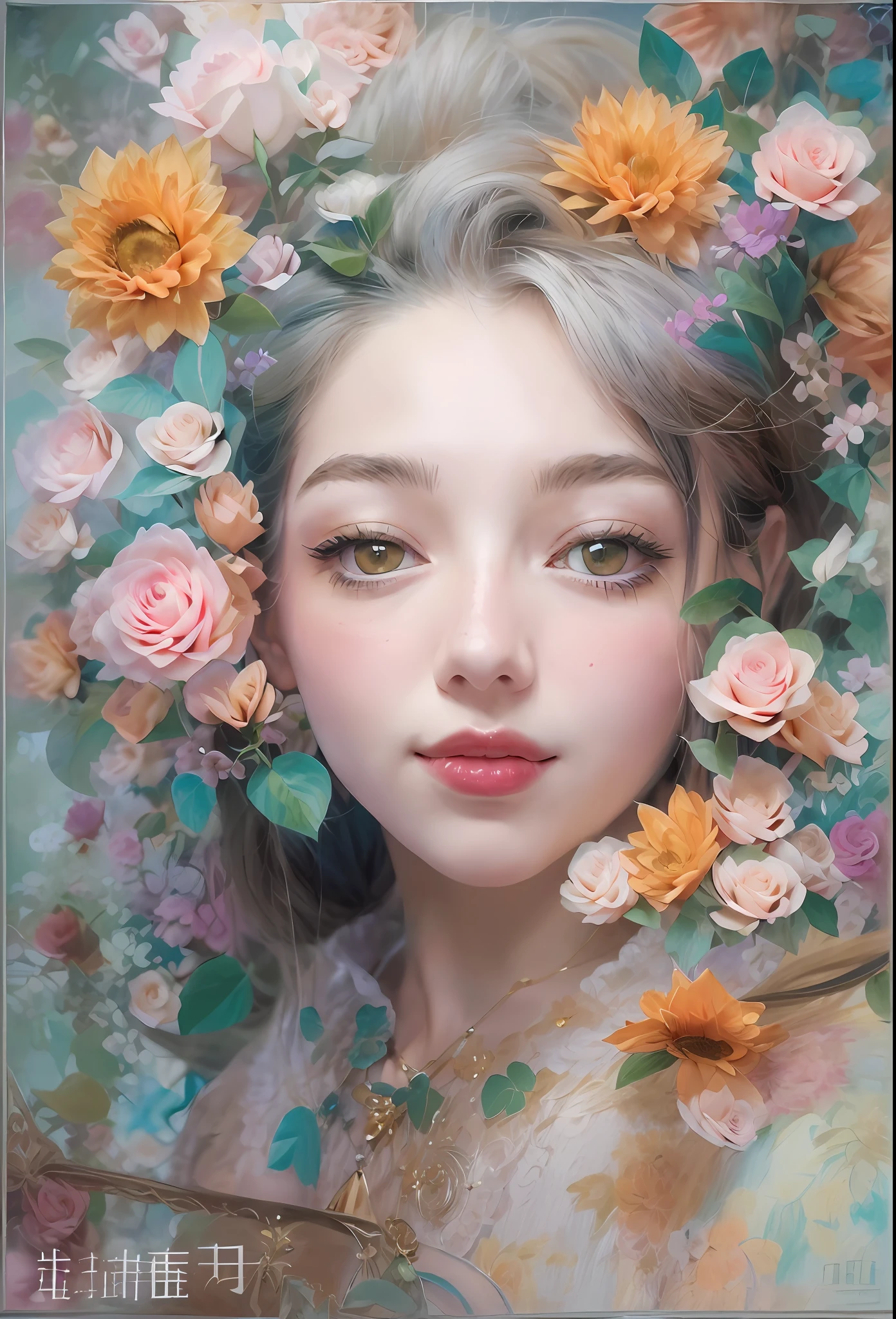 low angles、(catss、😇、A smile、😌🥰Archaic Smile).hyper realstic、Ultra-realistic、Depiction of the human body without distortion、Monna Lisa、Woman in Arms、Near and far law、Three-dimensional、Contemporary painting、moderno、world masterpiece、collection、Homage to the art or artist work of Picasso and Renoir, Not sentimental、Excellent portrayal、Gentle expression、More detailed character faces, Serious competition、Compositions like paintings、(Konmutsuki_Gacha_Series 1, punk_rosette), Realistic、Delicate brushwork、aqua color flowers, (Full body, elegant flowers background)