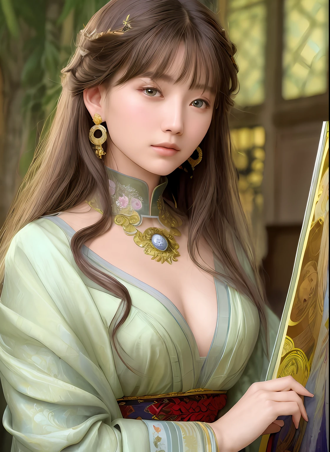 High quality, Masterpiece, Masterpiece, Exquisite facial features, Exquisite Hair, Elaborate Eyes, Delicate colored hair, 4K quality, Gorgeous light and shadow, Tyndall effect, Halo, Messy hair, Young state, Gorgeous scenes, Beautifully dressed, Chains, feater,Ancient Chinese beauty with big eyes,detail-rich, Digital painting, art stations, concept-art, Sharp focus, illustration, greg rutkovsky(greg rutkovsky)、An Alphonse Mucha's(Alphonse Mucha)and Victor Ngay(Victor Nkay)of works of art