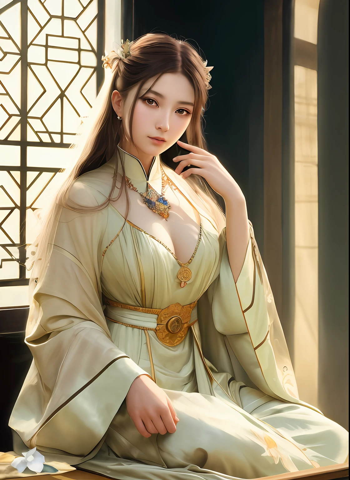 High quality, Masterpiece, Masterpiece, Exquisite facial features, Exquisite Hair, Elaborate Eyes, Delicate colored hair, 4K quality, Gorgeous light and shadow, Tyndall effect, Halo, Messy hair, Young state, Gorgeous scenes, Beautifully dressed, Chains, feater,Ancient Chinese beauty with big eyes,detail-rich, Digital painting, art stations, concept-art, Sharp focus, illustration, greg rutkovsky(greg rutkovsky)、An Alphonse Mucha's(Alphonse Mucha)and Victor Ngay(Victor Nkay)of works of art