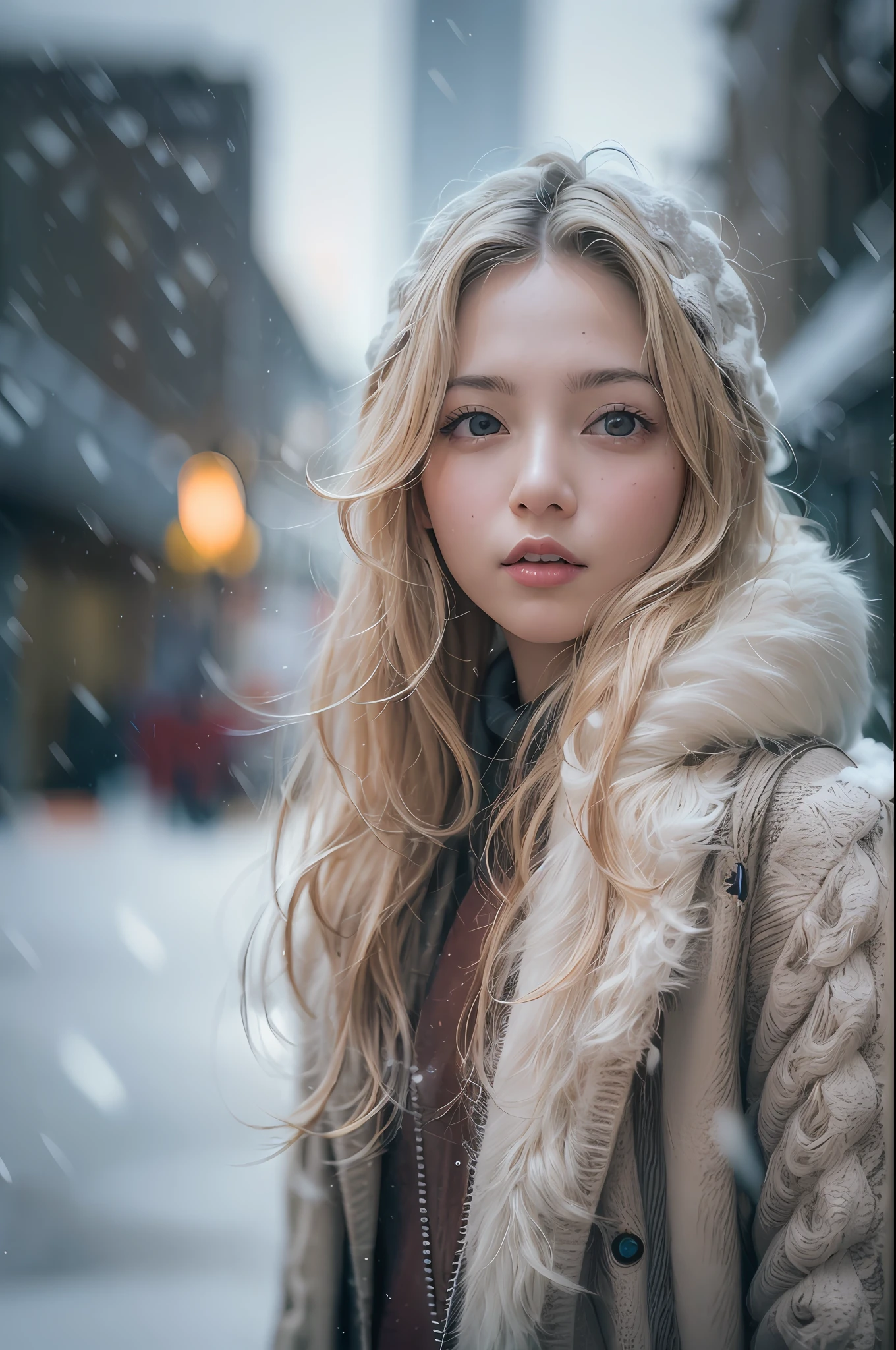 Long wavy blonde hair、（hitornfreckles）、gorgeous symmetrical face、cute natural makeup、professional portrait photograph of a gorgeous Norwegian girl（（Standing outside a snowy city street））,full bodyesbian 、Stunning modern urban environment、surrealistic、Concept art、elegent、ighly detailed、Convoluted、Sharp focus、depth of fields、f/1。 8、85mm、(((Professional color grading)))、bright soft diffuse light、(Volume Fog)、Trending on Instagram、HDR 4K、8K