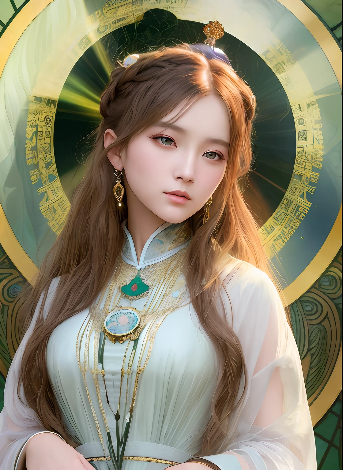 High quality, Masterpiece, Masterpiece, Exquisite facial features, Exquisite Hair, Elaborate Eyes, Delicate colored hair, 4K quality, Gorgeous light and shadow, Tyndall effect, Halo, Messy hair, Young state, Gorgeous scenes, Beautifully dressed, Chains, feater,Ancient Chinese beauty with big eyes，detail-rich, Digital painting, art  stations, concept-art, Sharp focus, illustration, greg rutkovsky（greg rutkovsky）、An Alphonse Mucha's（Alphonse Mucha）and Victor Ngay（Victor Nkay）of works of art