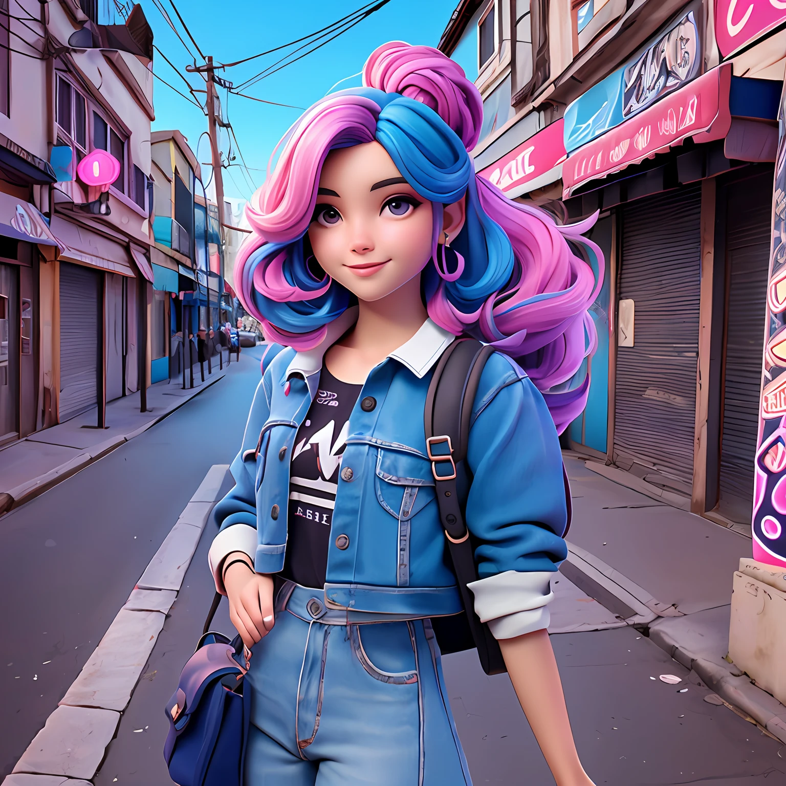 uma menina jovem, Seu cabelo esta solto, com rendas delicadas, tom branco neon, cabelo preso, roupas leves, mochila, fone de ouvido, afro rosa e azul escuro, corpo inteiro, The background is filled with an urban tone, evoking a sense of lightness and happiness.