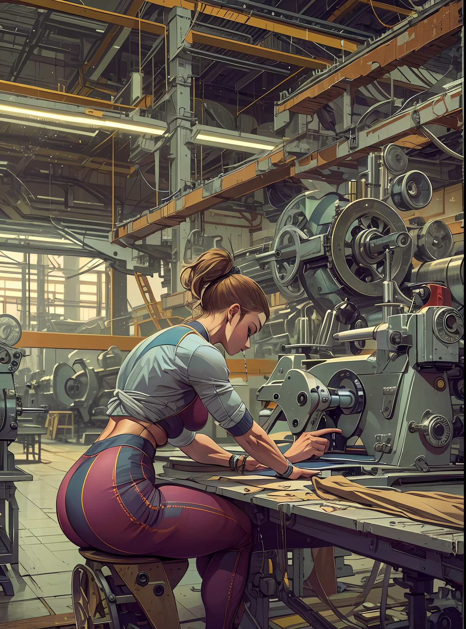 a Russian girl working on a sewing machine in a factory, ((muscular booty)), detailed, ((detailed body)), (dynamic pose)