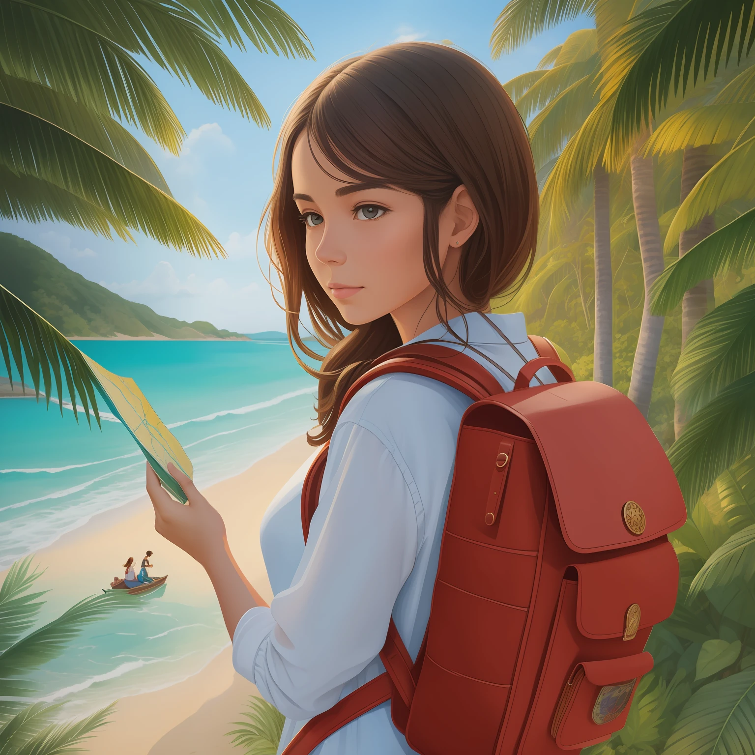A watercolor dot of A woman with a backpack and a map walks along a boardwalk, viajante, Deusa da viagem, imagem de arte digital, stylized digital illustration, viajante, Artistic illustration, em uma praia tropical, detailed digital illustration, vacation, menina na praia, in illustration style digital, Viagem e Aventura, Grande arte digital com detalhes, arte digital detalhada,