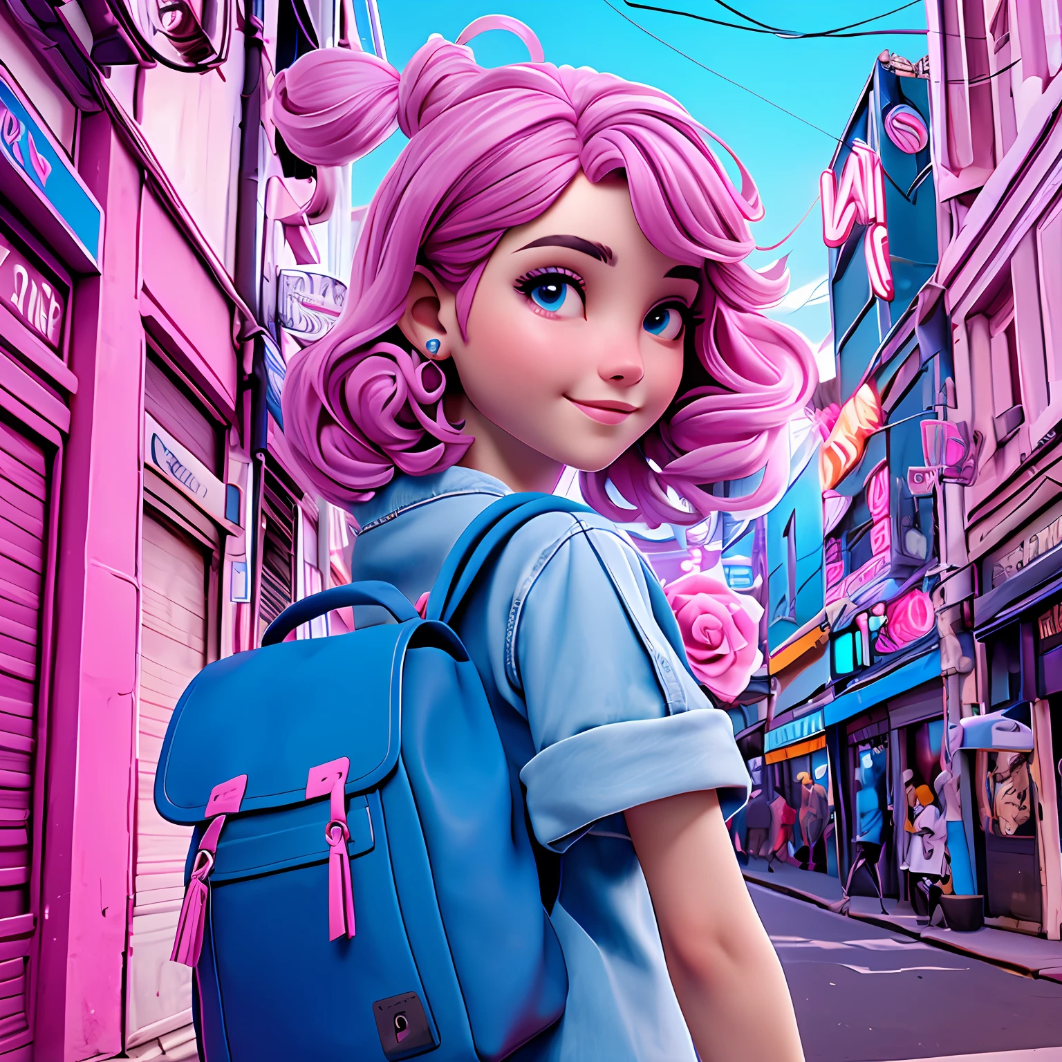 uma menina jovem, Seu cabelo esta solto, com rendas delicadas, tom branco neon, cabelo preso, roupas leves, mochila, fone de ouvido, afro rosa e azul escuro, corpo inteiro, The background is filled with an urban tone, evoking a sense of lightness and happiness.